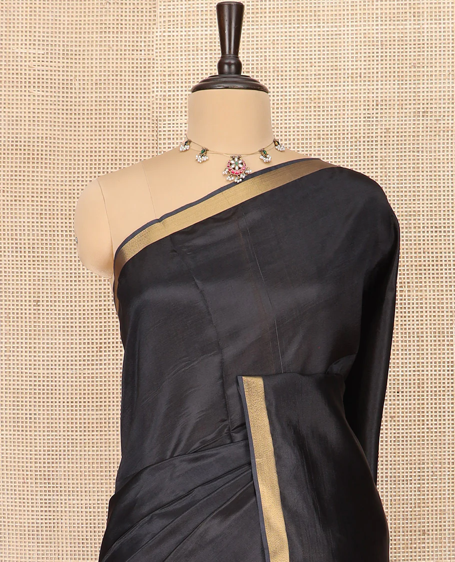 Black Plain Banana Pith Saree Subtly Sparkled with Zari Bavanji Border, Gleaming Zari Stripes Woven Pallu, and Paired with a Matching Plain Blouse - Image 2