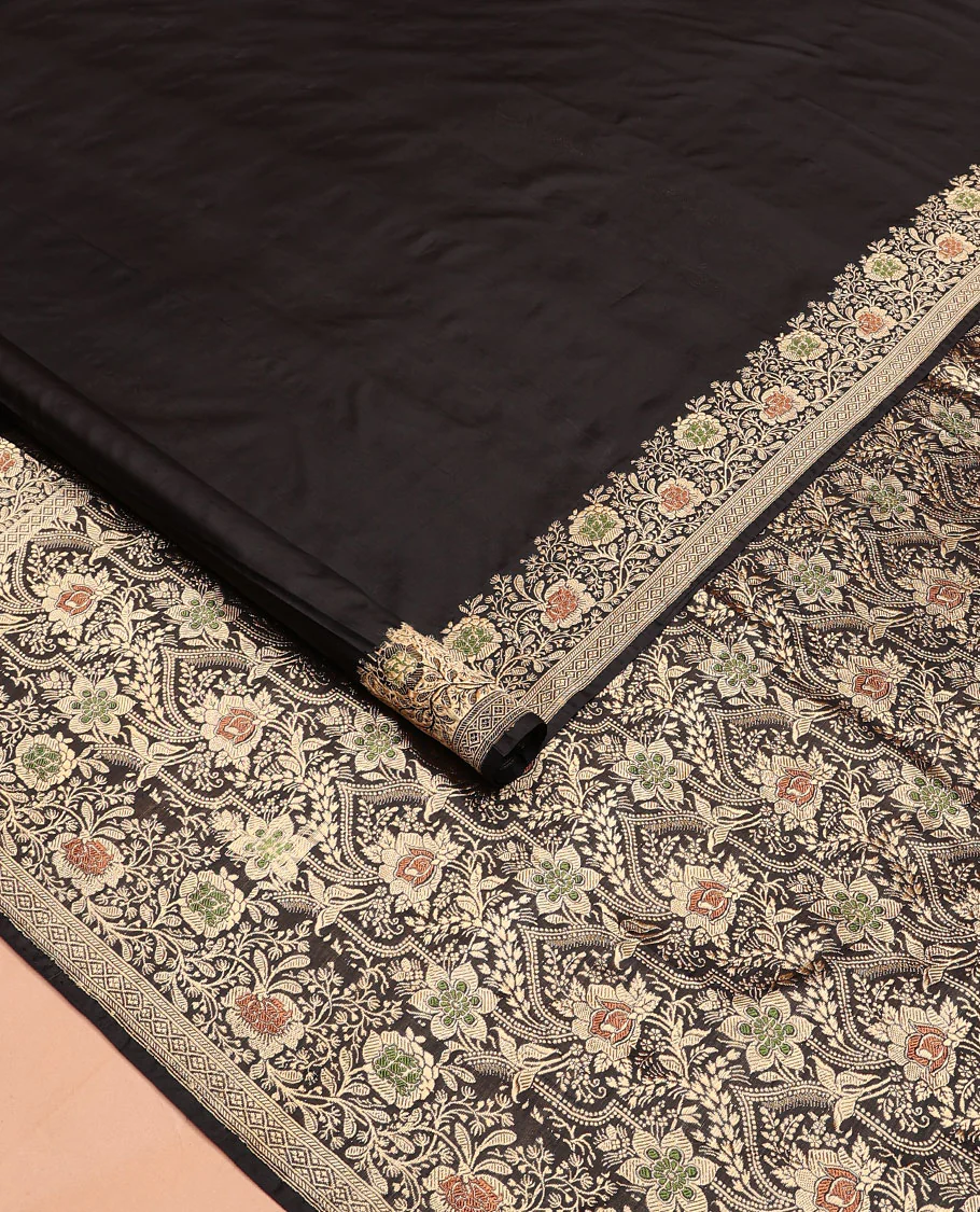 Black plain banarasi kathan silk saree, floral creeper meenakari border, and Mughal-style arches and floral design weave - Image 2