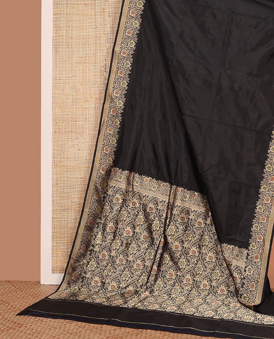 Black plain banarasi kathan silk saree, floral creeper meenakari border, and Mughal-style arches and floral design weave - Image 3