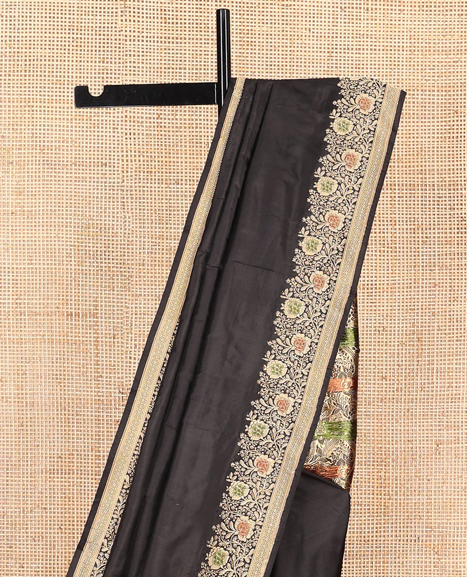 Black plain banarasi kathan silk saree, floral creeper meenakari border, and Mughal-style arches and floral design weave - Image 4