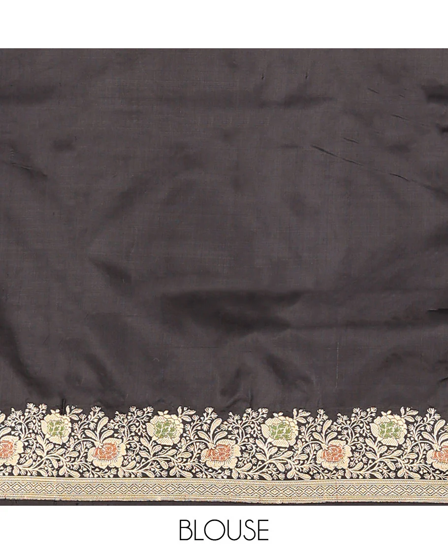 Black plain banarasi kathan silk saree, floral creeper meenakari border, and Mughal-style arches and floral design weave - Image 6