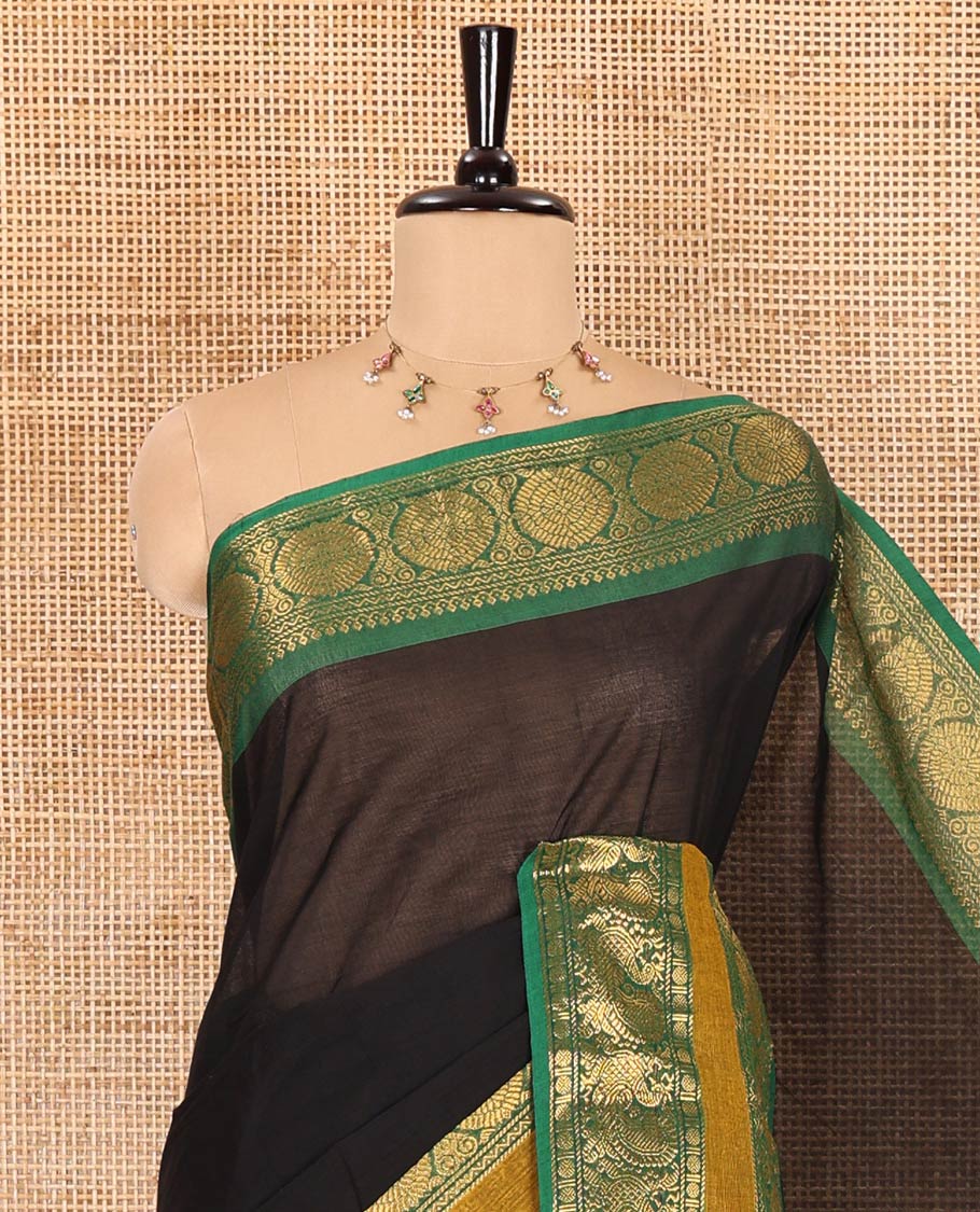 Black plain Chettinad cotton saree, contrast traditional design rettai pettu border of peacock chakram, striped pallu, and a matching blouse - Image 2