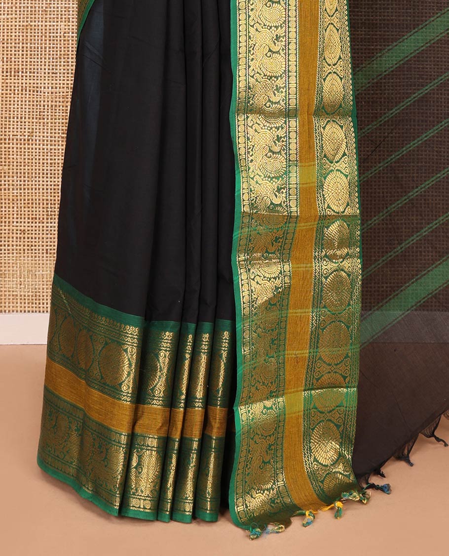 Black plain Chettinad cotton saree, contrast traditional design rettai pettu border of peacock chakram, striped pallu, and a matching blouse - Image 3