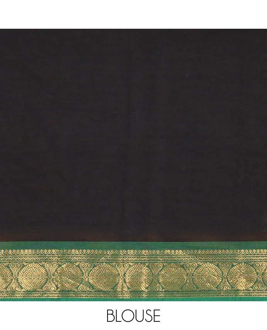Black plain Chettinad cotton saree, contrast traditional design rettai pettu border of peacock chakram, striped pallu, and a matching blouse - Image 4