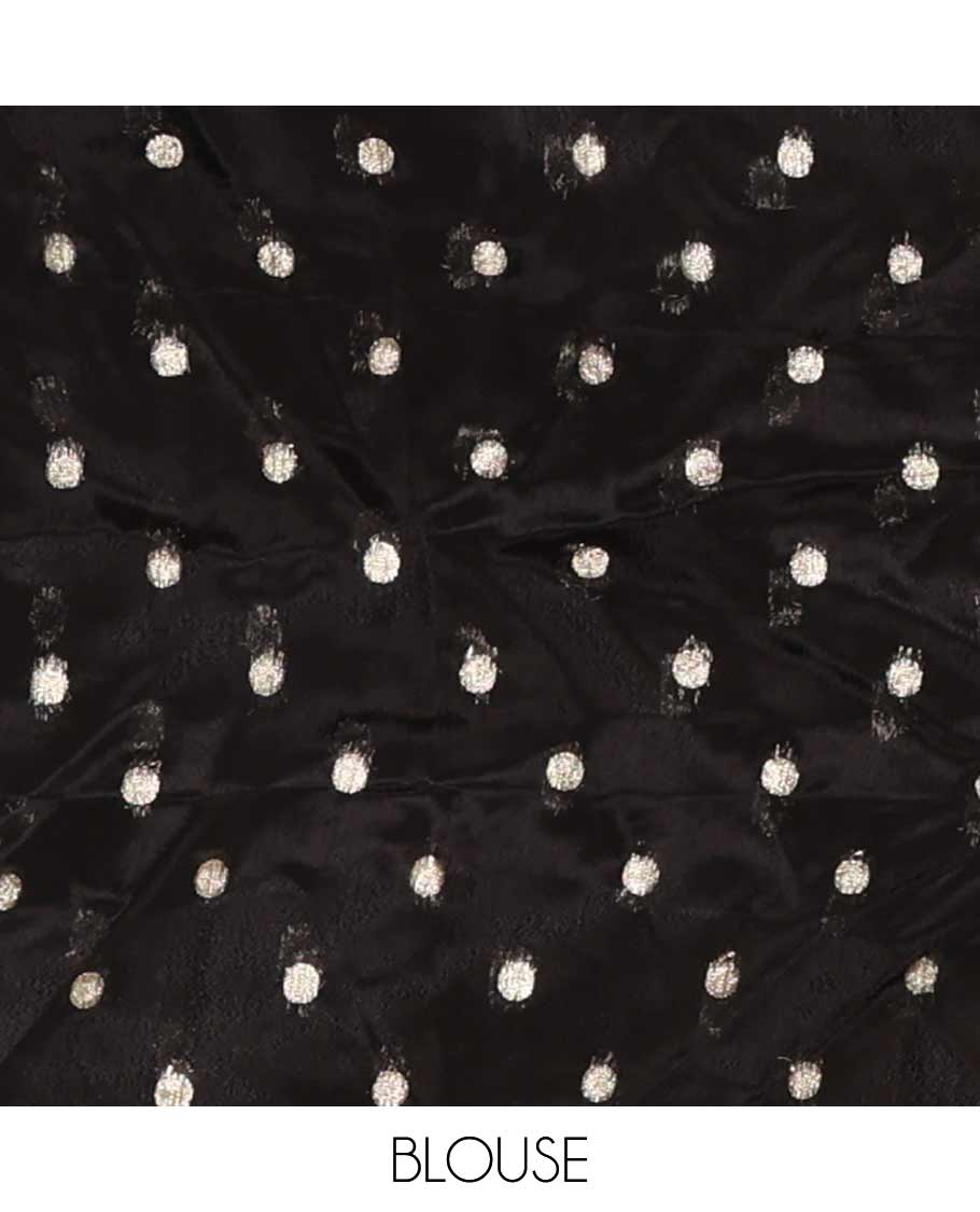 Black plain crepe saree, zari border steeped with rose floral designs, plain pallu & blouse of zari polka dots - Image 4