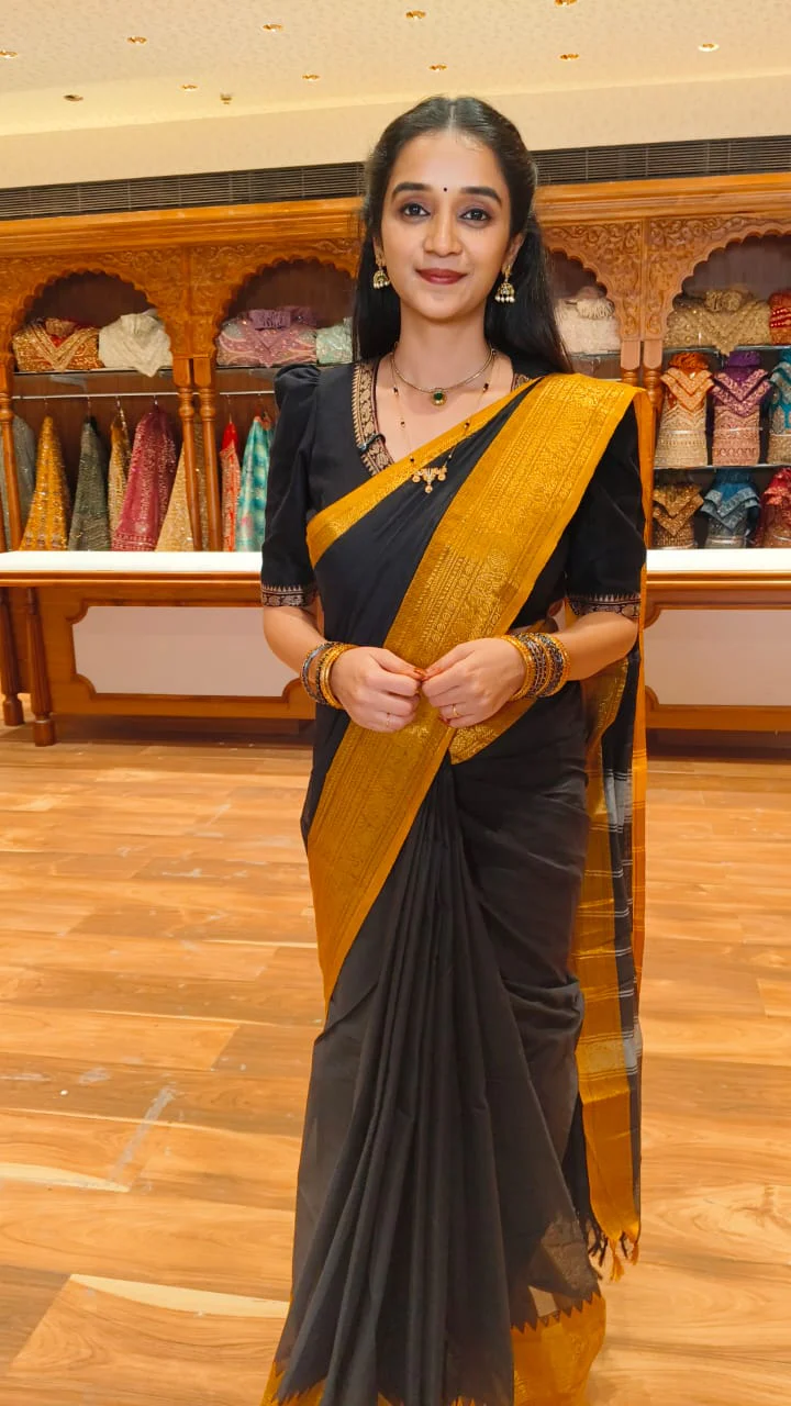 Black plain design Chettinad cotton saree, contrast temple traditional zari design border, striped pallu, and a matching blouse