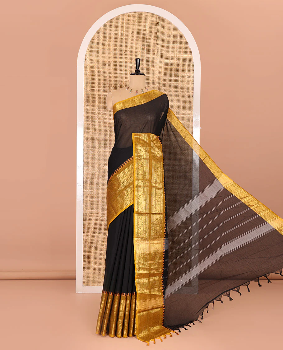 Black plain design Chettinad cotton saree, contrast temple traditional zari design border, striped pallu, and a matching blouse - Image 2