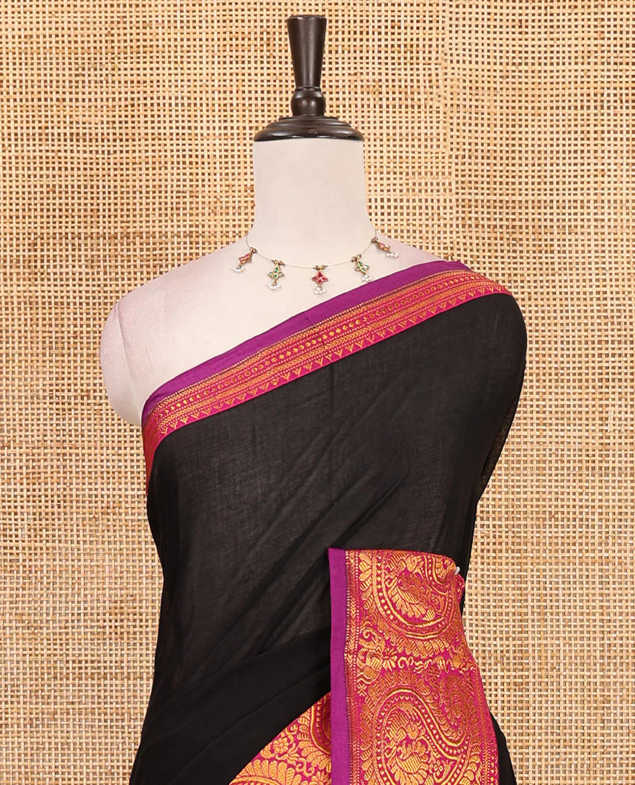 Black plain design mercerised cotton saree, contrast traditional peacock enclosed manga border, striped pallu & matching blouse - Image 3