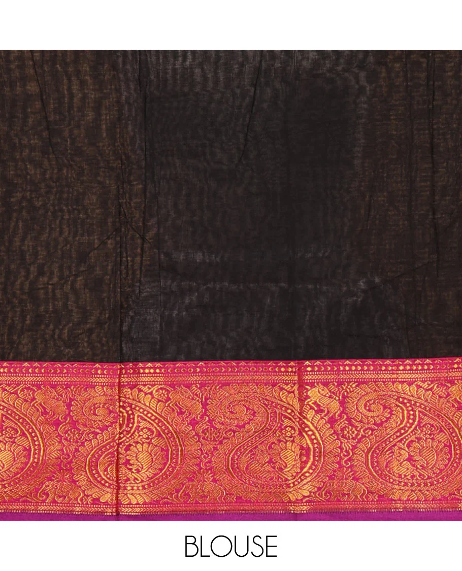 Black plain design mercerised cotton saree, contrast traditional peacock enclosed manga border, striped pallu & matching blouse - Image 4