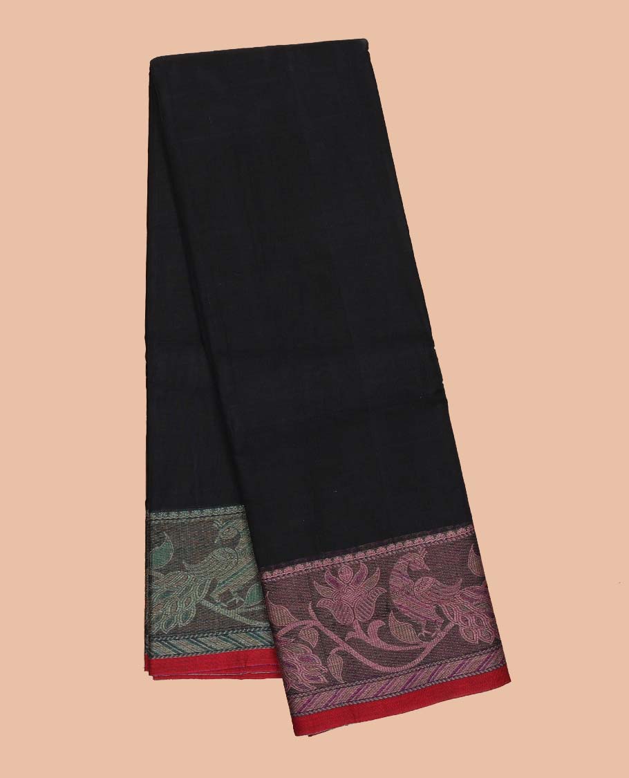 Black plain design Narayanapet cotton saree, contrast ganga jamuna leaf creeper border & striped pallu - Image 2