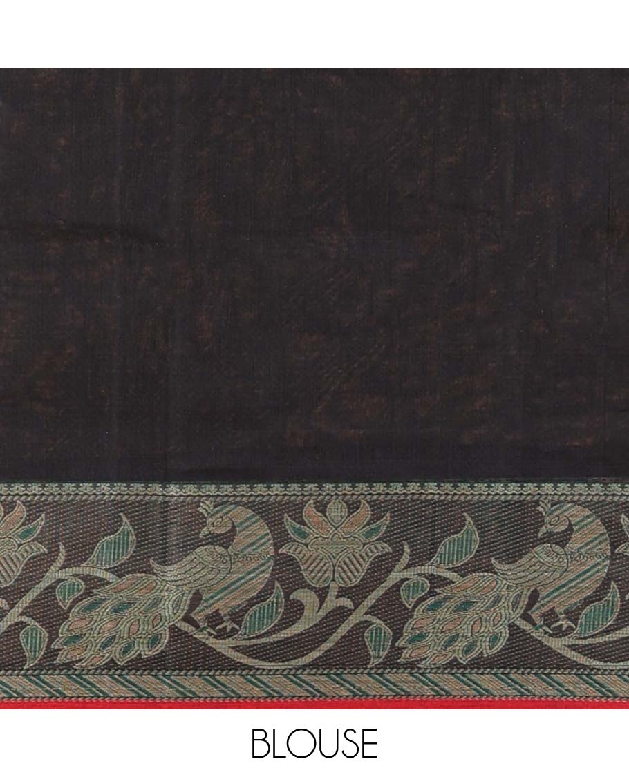 Black plain design Narayanapet cotton saree, contrast ganga jamuna leaf creeper border & striped pallu - Image 3
