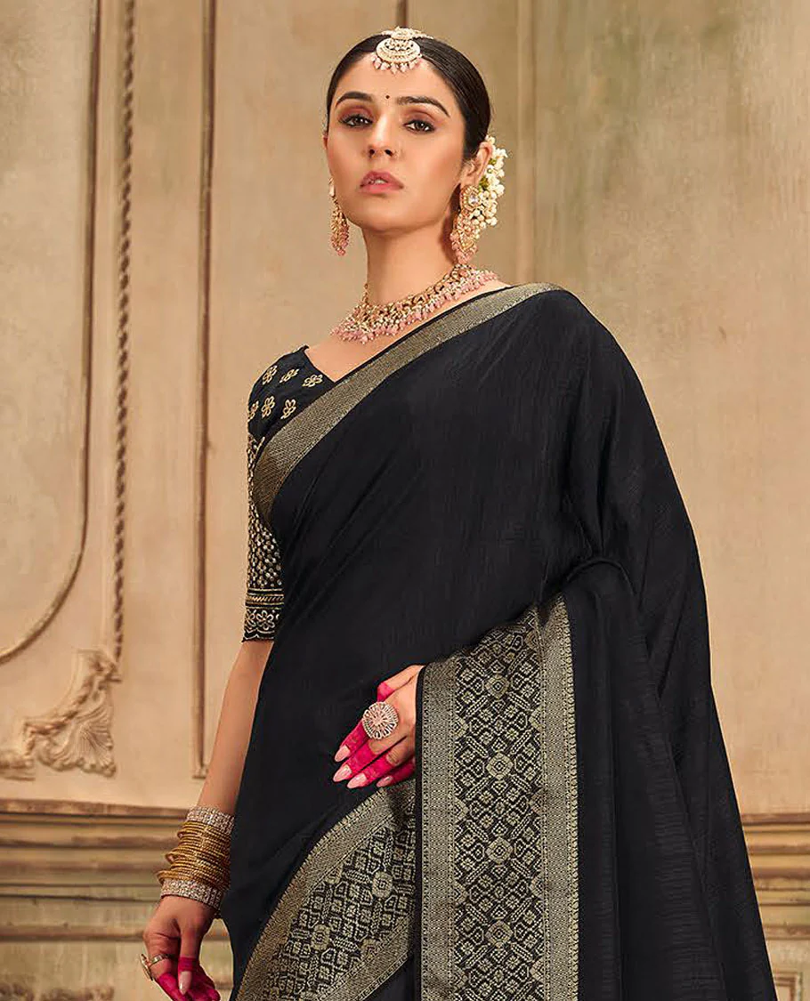 Black plain designer saree, patola-style motifs woven border, and zari striped pallu - Image 2