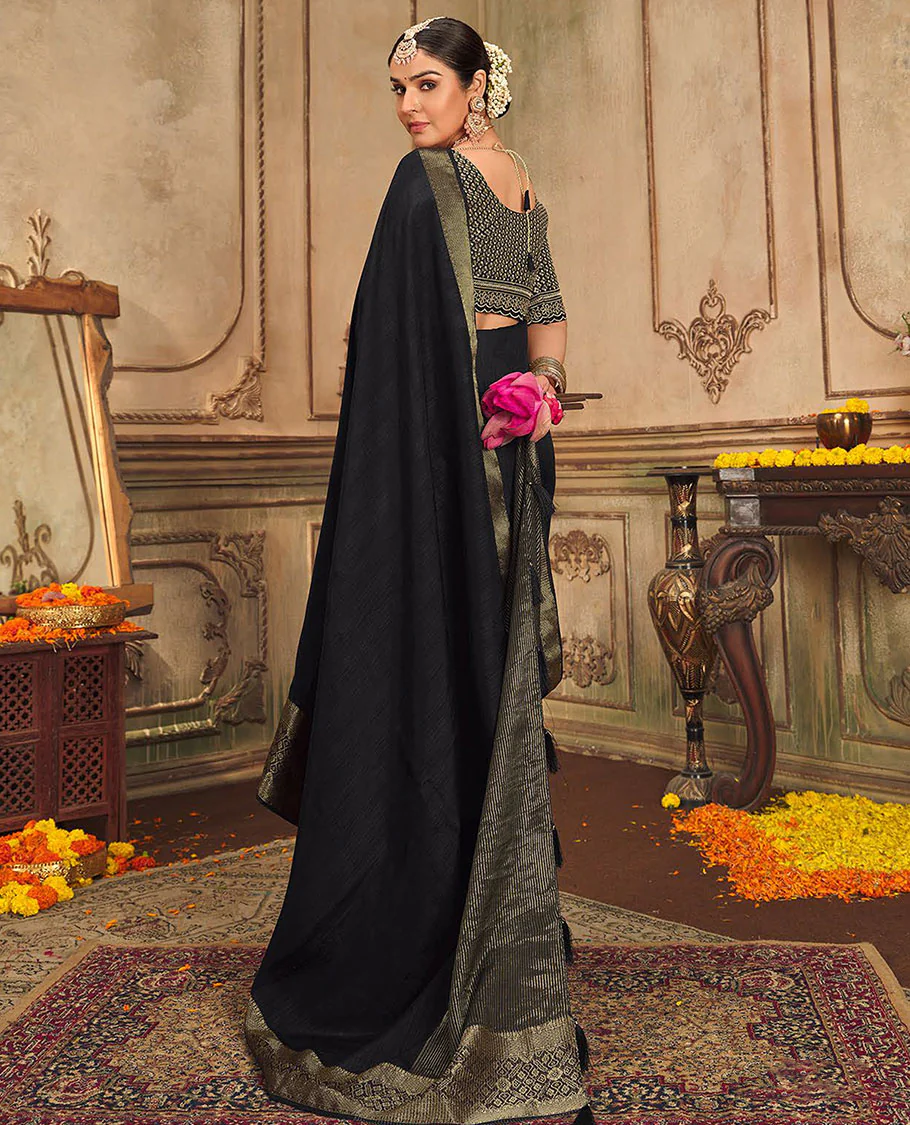 Black plain designer saree, patola-style motifs woven border, and zari striped pallu - Image 3
