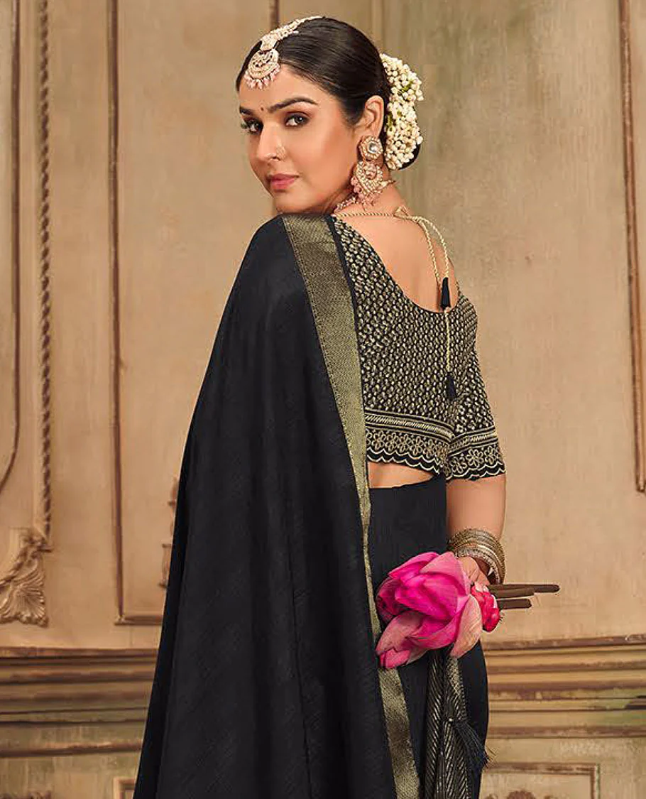 Black plain designer saree, patola-style motifs woven border, and zari striped pallu - Image 4