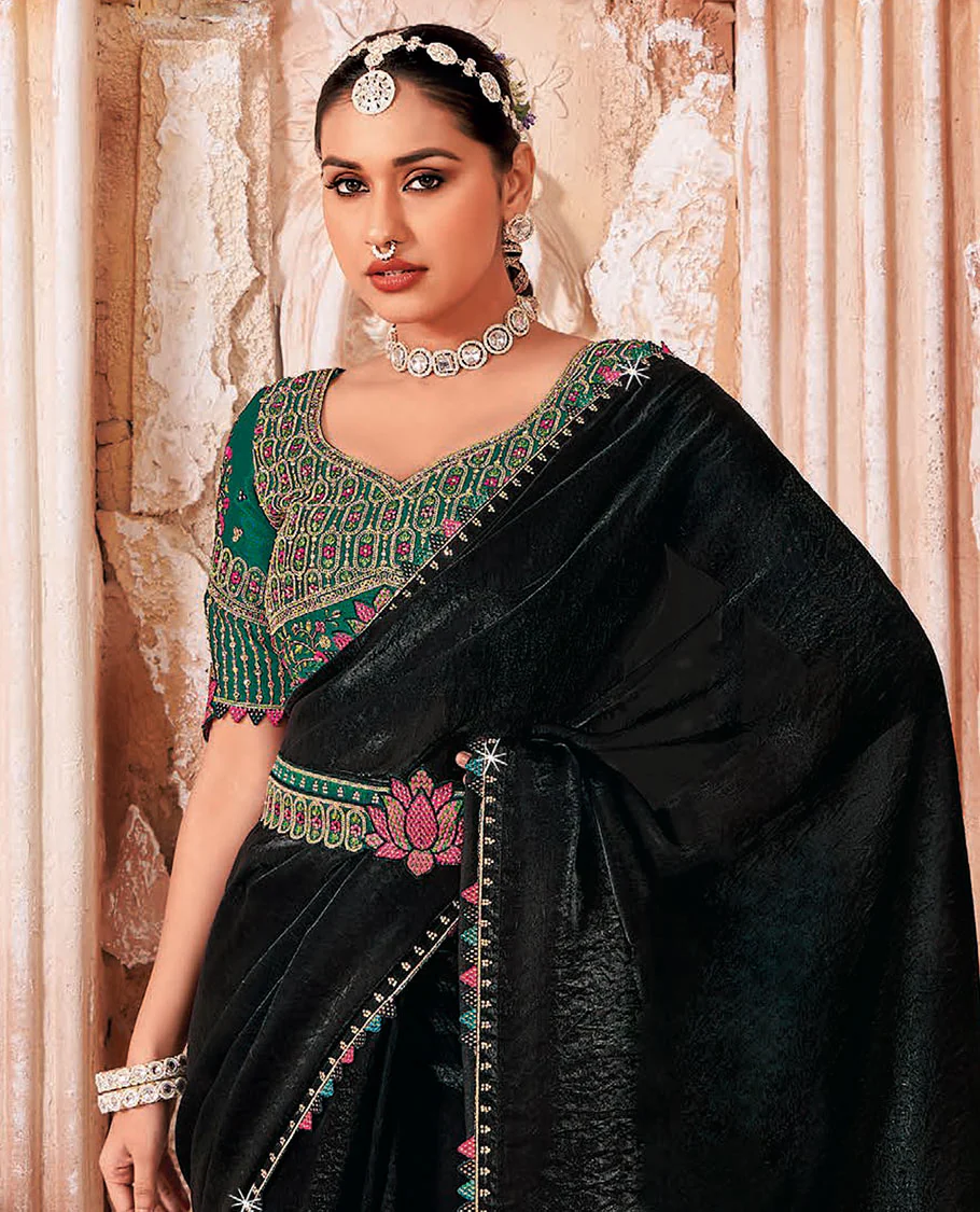 Black Plain Designer Saree, Temple Lace Border, Contrast Lotus Motif Embroidered Belt, a Readymade Blouse, and a Pair of Free Embroidered Punjabi Shoes - Image 2