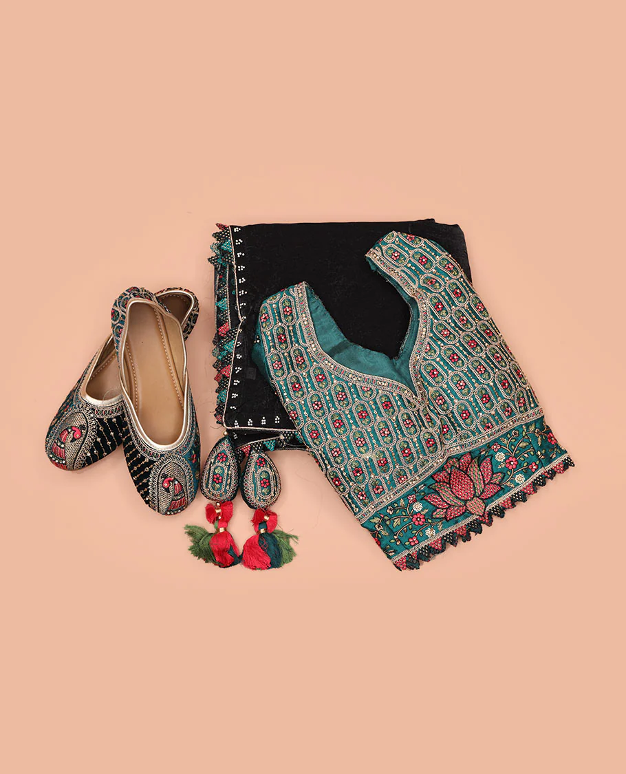 Black Plain Designer Saree, Temple Lace Border, Contrast Lotus Motif Embroidered Belt, a Readymade Blouse, and a Pair of Free Embroidered Punjabi Shoes - Image 3