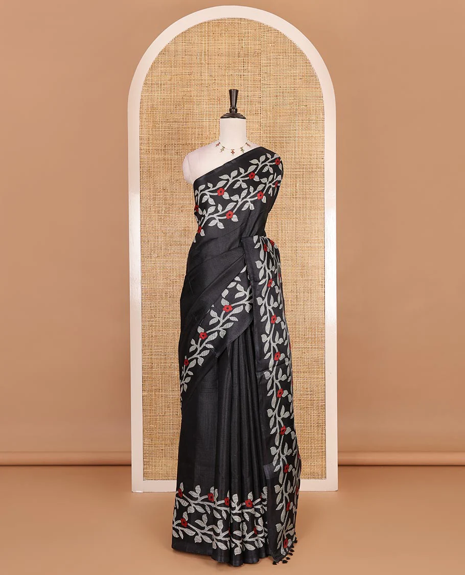 Black plain khadi cotton saree, floral creeper printed border, and pallu with small buttas printed blouse - Image 2