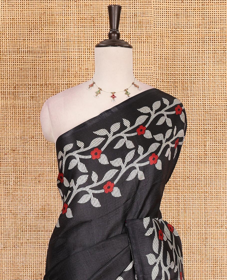 Black plain khadi cotton saree, floral creeper printed border, and pallu with small buttas printed blouse - Image 3
