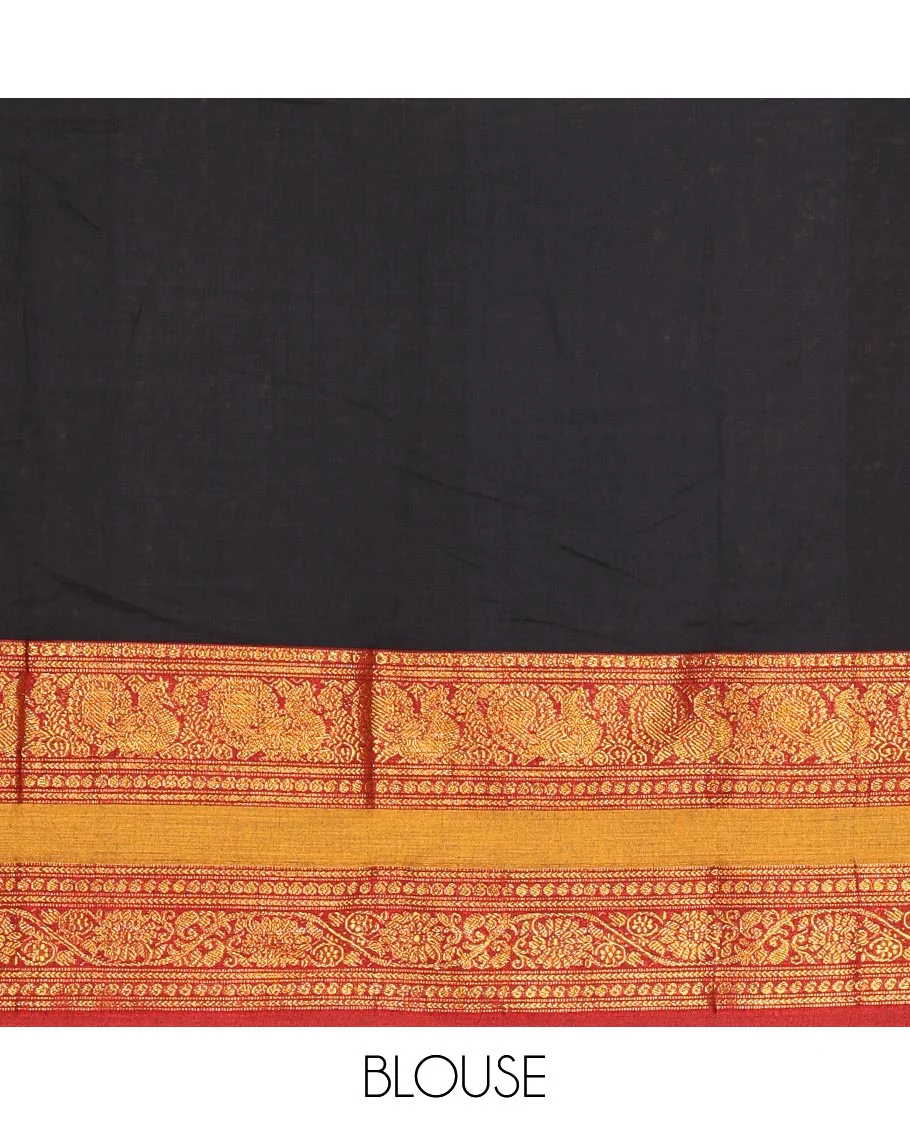 Black Plain Mercerised Cotton Saree Artfully Detailed with a Contrasting Rettai Pettu Border Featuring Peacock Motifs in Zari, a Subtly Striped Pallu, and a Matching Blouse - Image 3