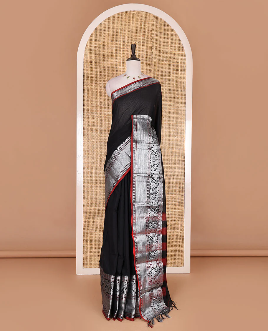Black plain mercerised cotton saree, contrast traditional zari border of elephant and peacock designs, striped pallu, and plain blouse - Image 2
