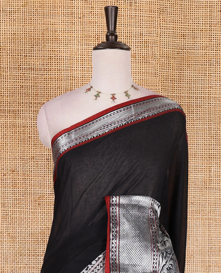 Black plain mercerised cotton saree, contrast traditional zari border of elephant and peacock designs, striped pallu, and plain blouse - Image 3