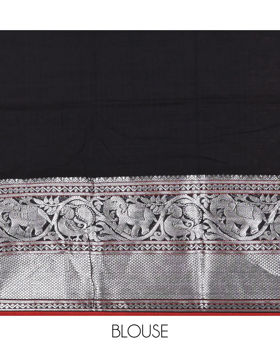 Black plain mercerised cotton saree, contrast traditional zari border of elephant and peacock designs, striped pallu, and plain blouse - Image 4