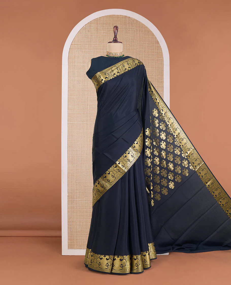 Black plain Mysore silk saree, zari border of two-headed eagle motifs, and pallu steeped with two-headed eagle motifs - Image 2