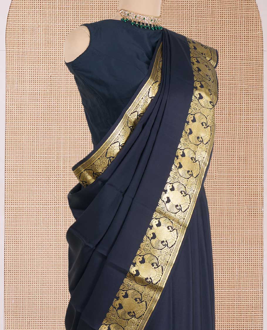 Black plain Mysore silk saree, zari border of two-headed eagle motifs, and pallu steeped with two-headed eagle motifs - Image 3
