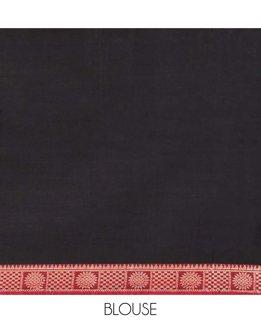 Black plain Narayanapet cotton saree, contrast chakram and bentex design border & striped pallu - Image 3