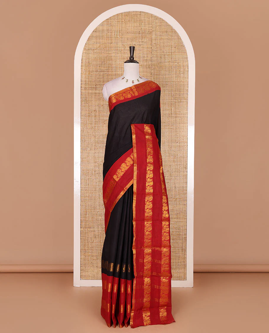 Black plain sungudi cotton saree, contrast annam motifs, gold zari woven border, zari striped, and zari design contrast blouse - Image 2