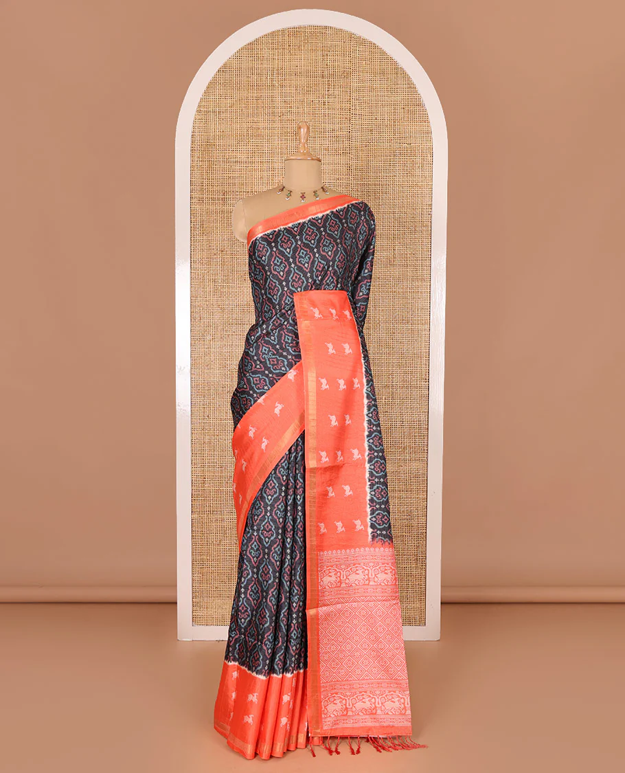 Black Pochampally ikkat printed katan silk saree, contrast deer motifs printed zari border, jaal printed pallu, and contrast deer motifs printed blouse - Image 2