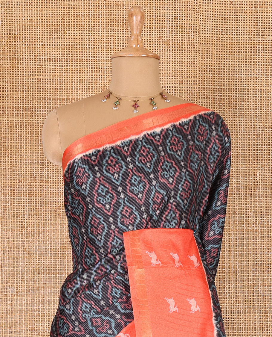 Black Pochampally ikkat printed katan silk saree, contrast deer motifs printed zari border, jaal printed pallu, and contrast deer motifs printed blouse - Image 3