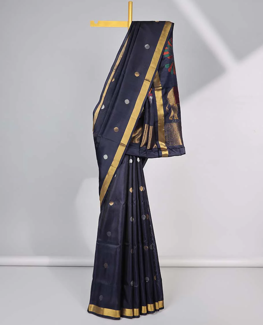 Black polka dot upadda silk saree with self zari border & floral, animal design pallu - Image 2