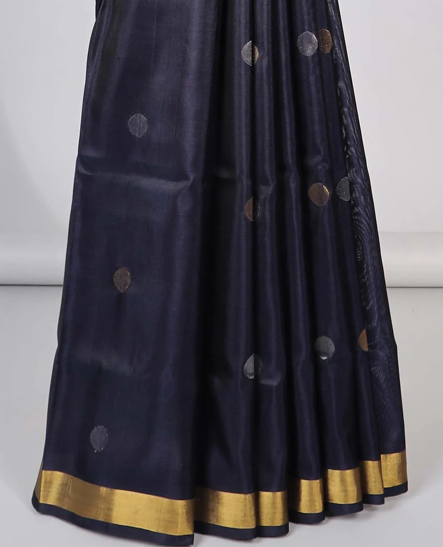 Black polka dot upadda silk saree with self zari border & floral, animal design pallu - Image 4