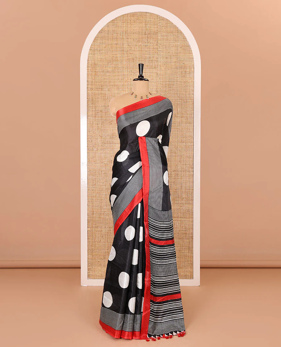 Black polka dots printed art khadi cotton saree, contrast striped border, striped pallu, and a contrast striped blouse - Image 2