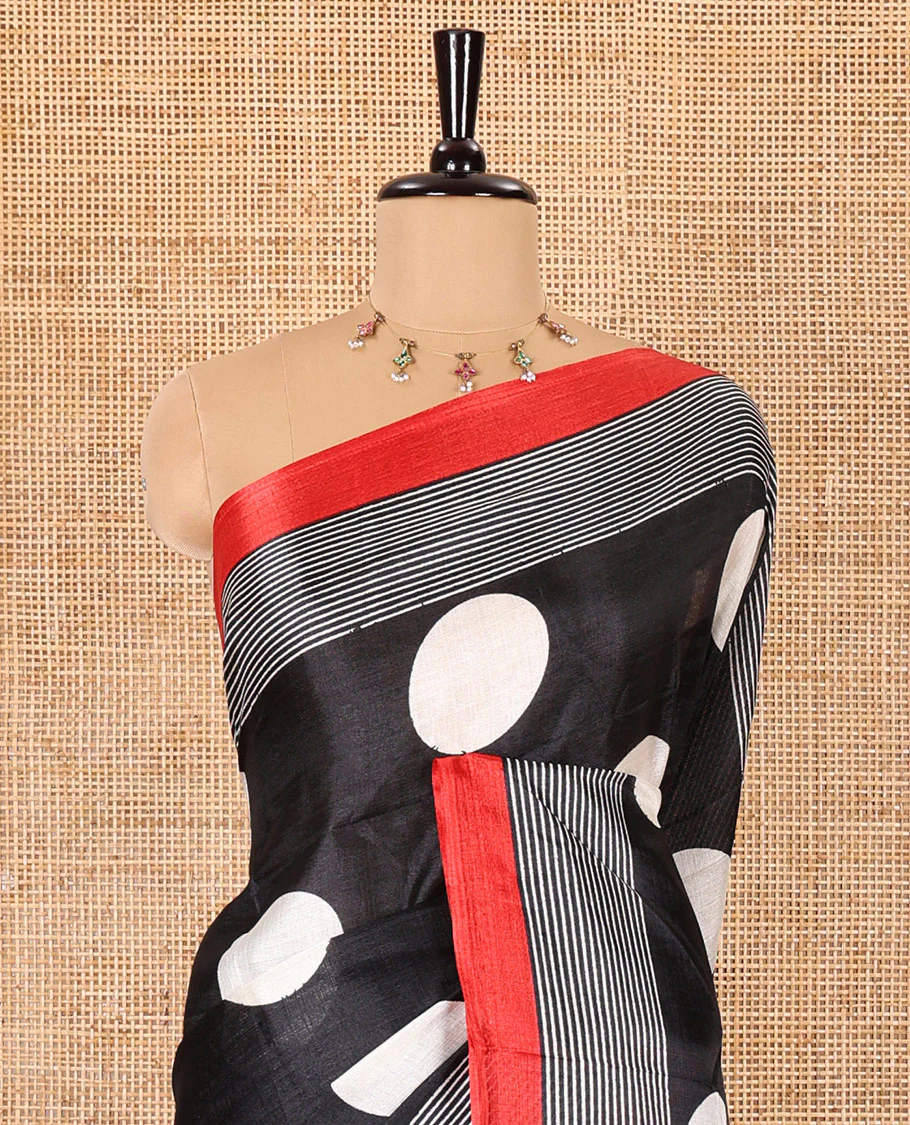 Black polka dots printed art khadi cotton saree, contrast striped border, striped pallu, and a contrast striped blouse - Image 3
