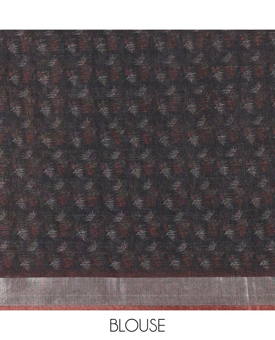 Black Printed Linen Cotton Saree Adorned with Leaf Motif Prints, Complemented by a Contrast Bavanji Border, Featuring a Geometric Printed Pallu, Paired with a Subtle Matching Blouse - Image 3