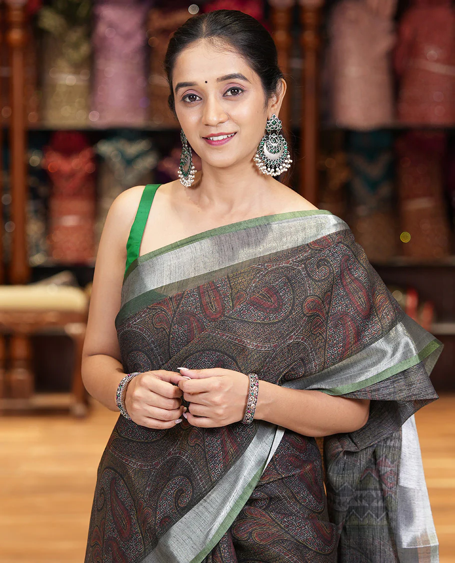 Black Printed Linen Cotton Saree Embellished with Paisley Motifs, Complemented by a Contrast Bavanji Border, Featuring Paisley Printed Pallu, Paired with a Subtle Matching Blouse - Image 2