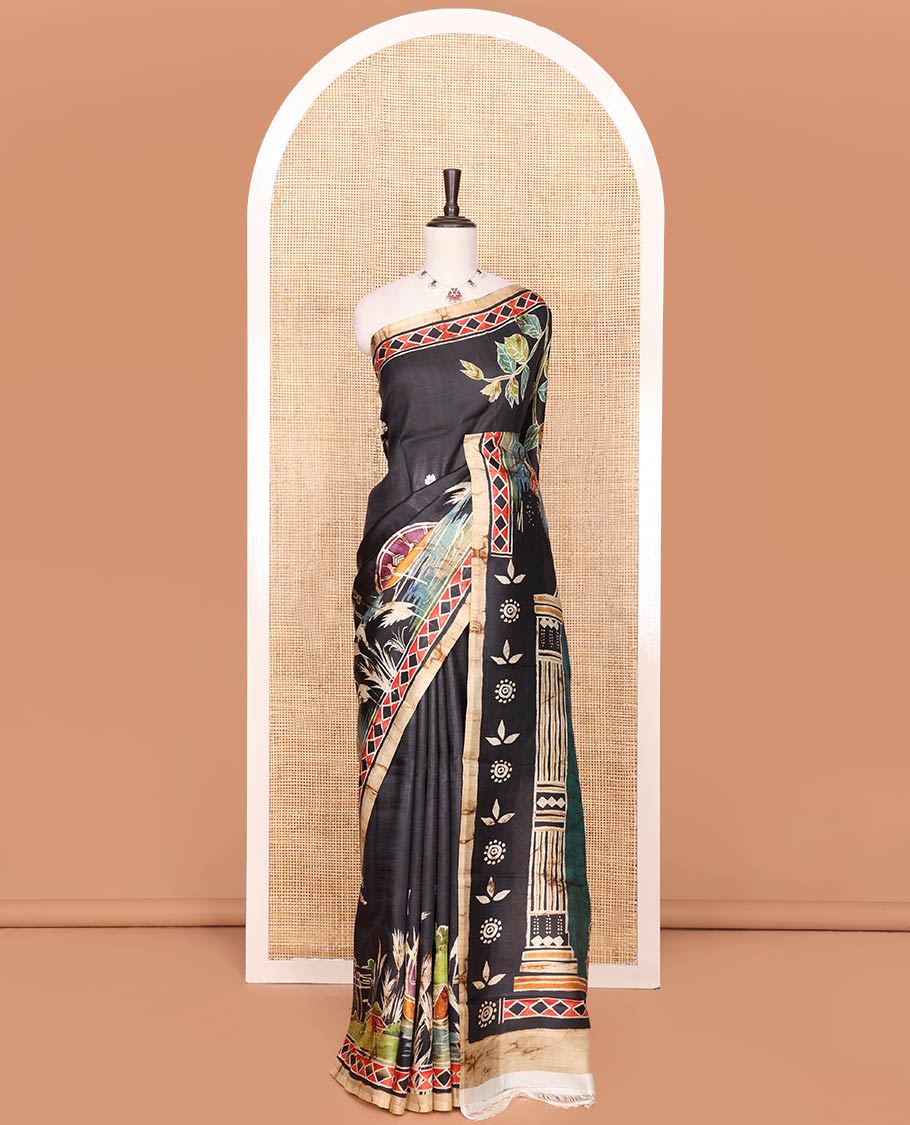 Black Printed Silk Saree Adorned with Colorful Floral Motifs Printed All Across Its Body, Highlighted with a Contrast Geometric Printed Border, Pallu Depicting the Darwing of Goddess Durga Killing Mahishasura, and Attached with a Printed Blouse - Image 4