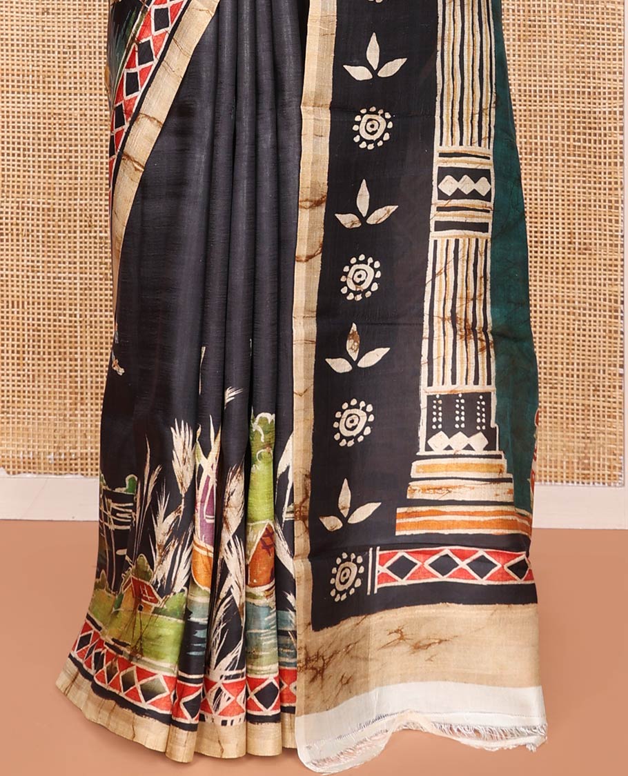 Black Printed Silk Saree Adorned with Colorful Floral Motifs Printed All Across Its Body, Highlighted with a Contrast Geometric Printed Border, Pallu Depicting the Darwing of Goddess Durga Killing Mahishasura, and Attached with a Printed Blouse - Image 5