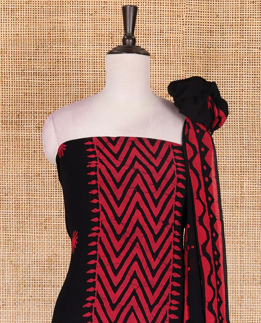 Black-rani pink material chudidar set, chevron stripes hand block printed viscose georgette top, contrast santoon bottom, and viscose georgette hand block printed dupatta - Image 2
