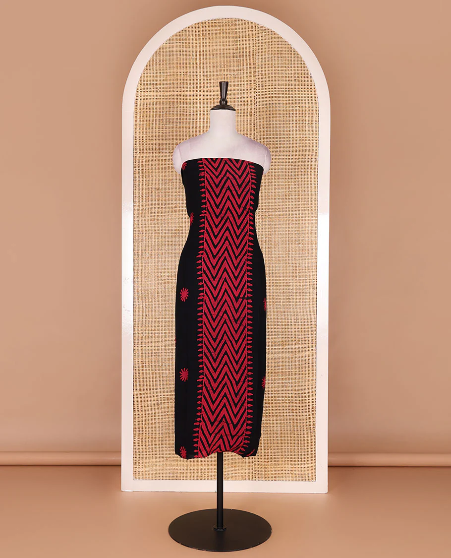 Black-rani pink material chudidar set, chevron stripes hand block printed viscose georgette top, contrast santoon bottom, and viscose georgette hand block printed dupatta - Image 3
