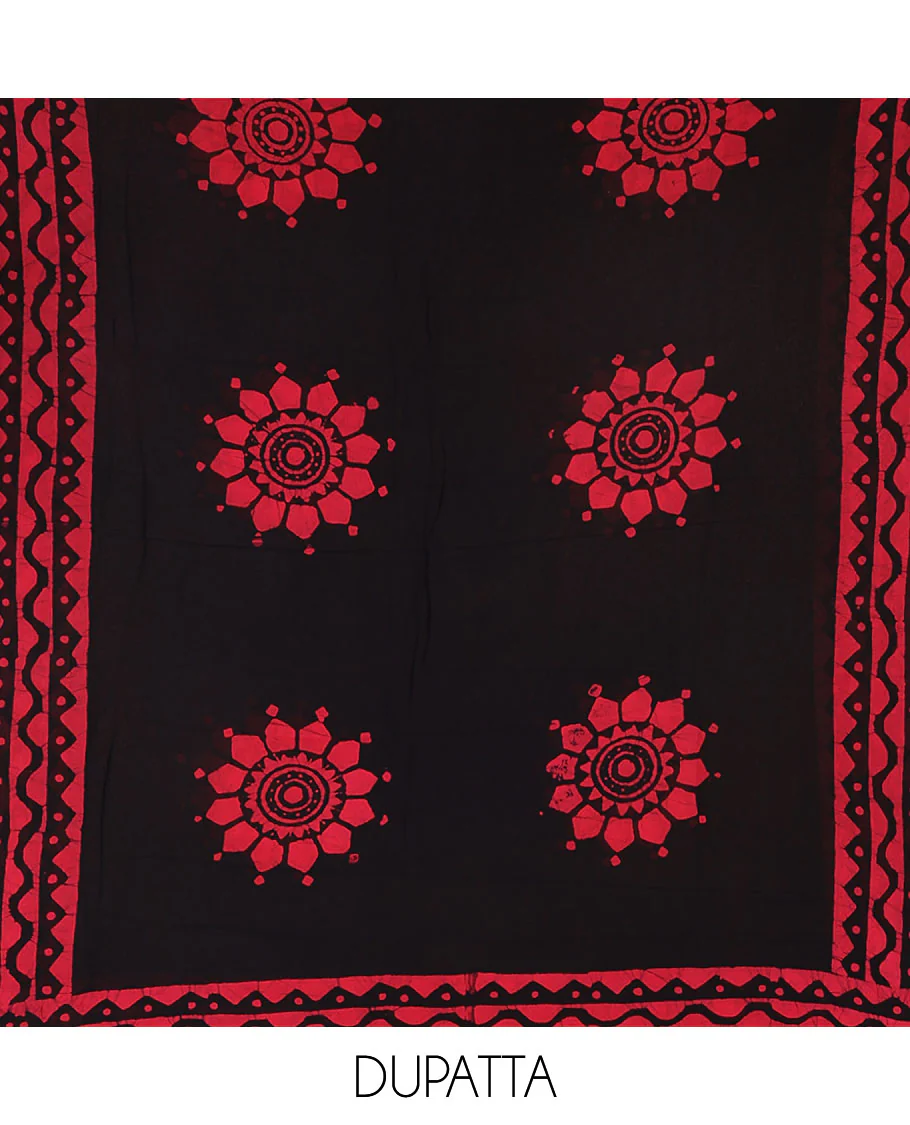 Black-rani pink material chudidar set, chevron stripes hand block printed viscose georgette top, contrast santoon bottom, and viscose georgette hand block printed dupatta - Image 4