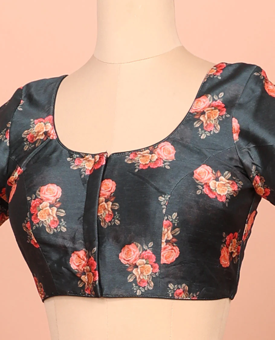 Black rose floral printed front-back round-neck elbow sleeve readymade blouse - Image 2