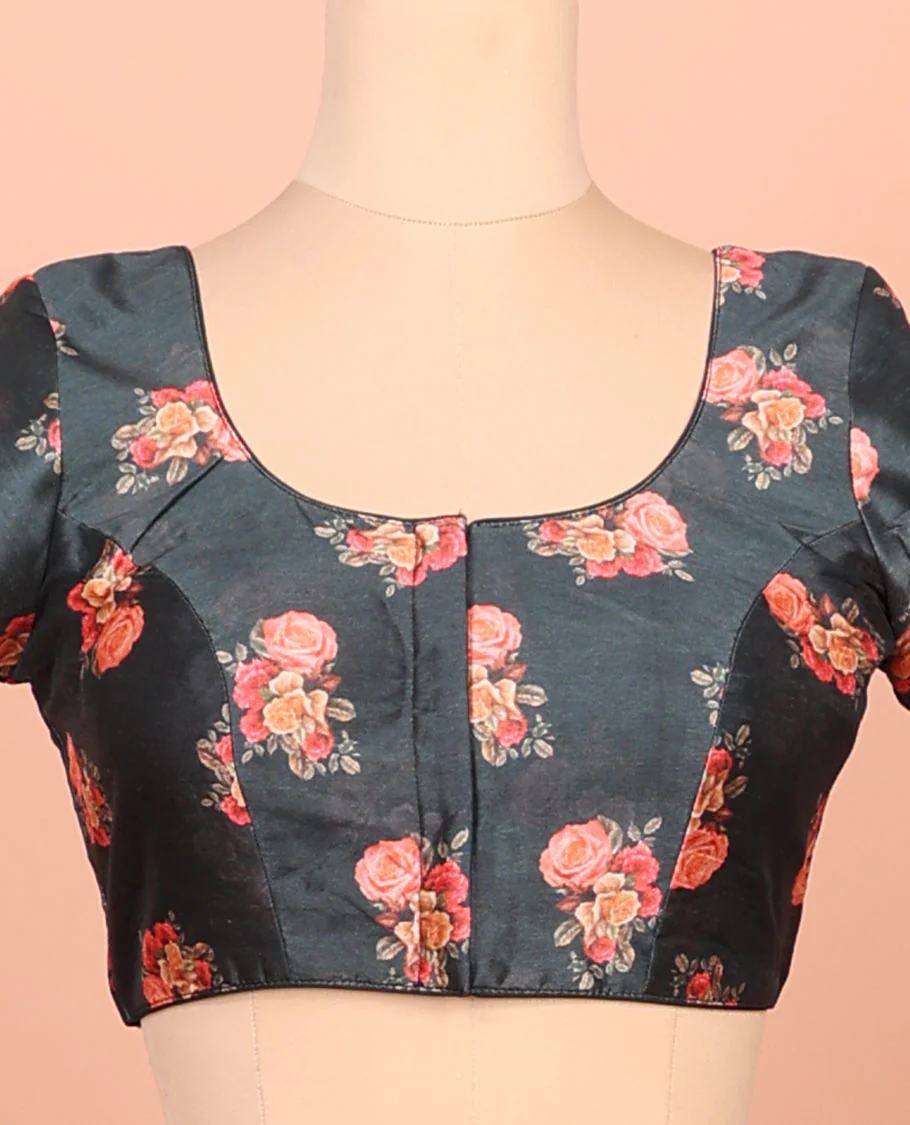 Black rose floral printed front-back round-neck elbow sleeve readymade blouse - Image 3