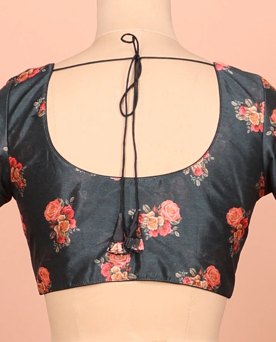 Black rose floral printed front-back round-neck elbow sleeve readymade blouse - Image 4