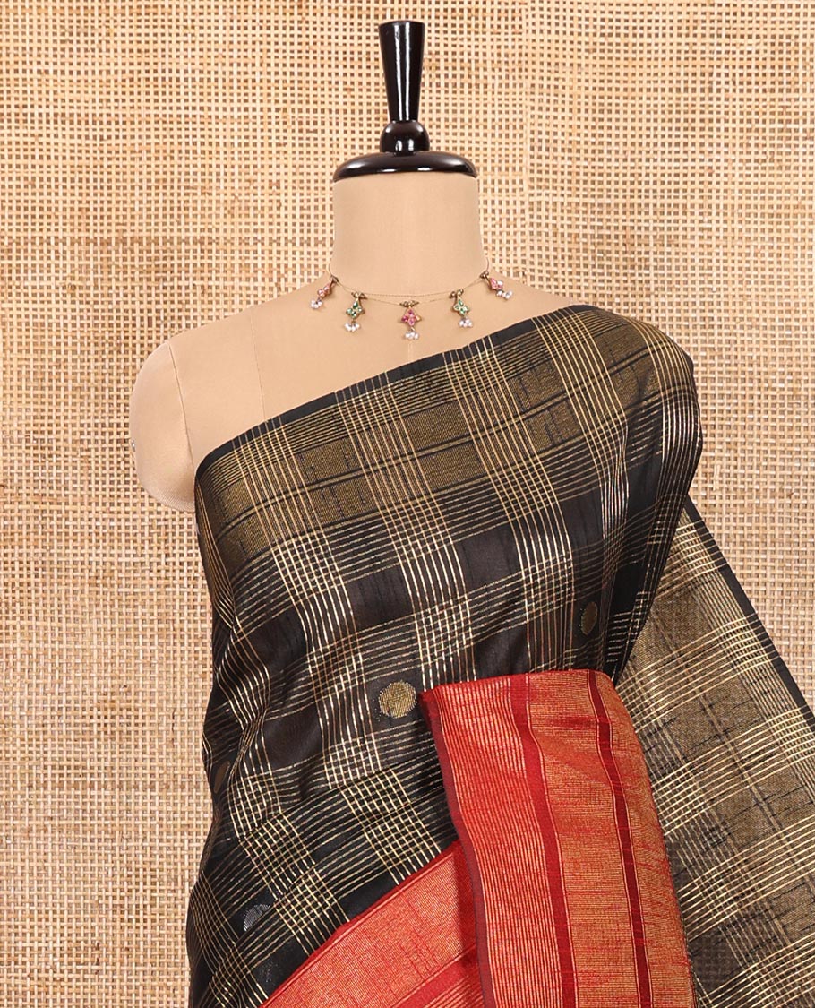 Black Semi-Raw Silk Saree Gleamed with Rudraksham Buttas and Zari Checks, Featuring a Captivating Contrast Zari-Woven Border, a Pallu Adorned with Zari Designs, and Paired with a Contrast Blouse - Image 2