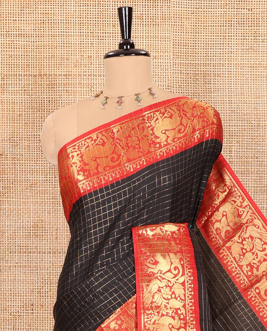 Black Semi-Taffeta Saree Decked up with Medium-Sized Zari Checks, Complemented with a Contrast Border Featuring Floral and Deer Motifs in Zari, Pallu of Stripes, and Paired with a Contrast Blouse - Image 2