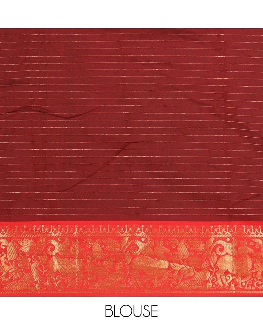 Black Semi-Taffeta Saree Decked up with Medium-Sized Zari Checks, Complemented with a Contrast Border Featuring Floral and Deer Motifs in Zari, Pallu of Stripes, and Paired with a Contrast Blouse - Image 3
