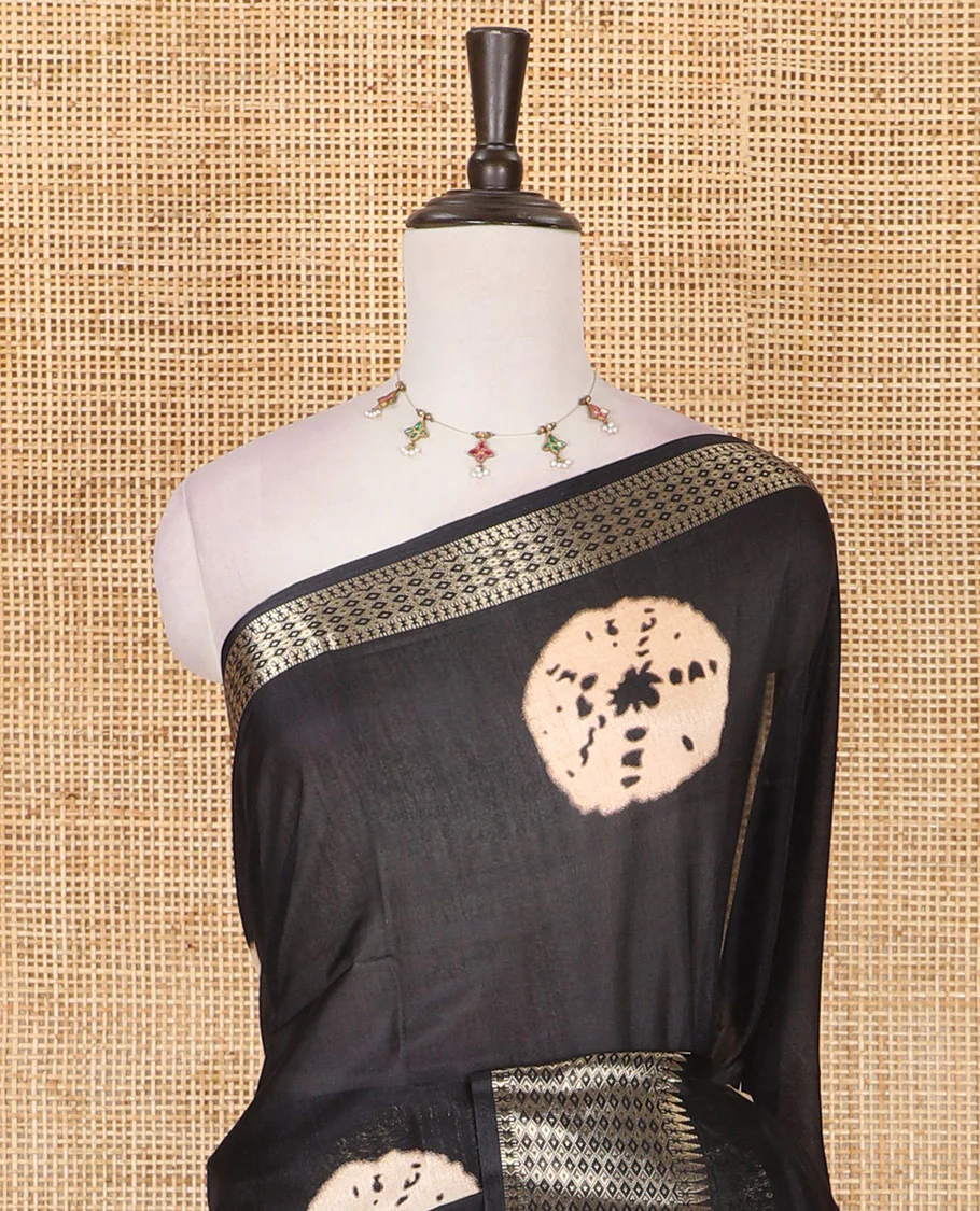 Black shibori printed dola silk saree, traditional zari border, printed pallu, and blouse of print, and zari work - Image 3